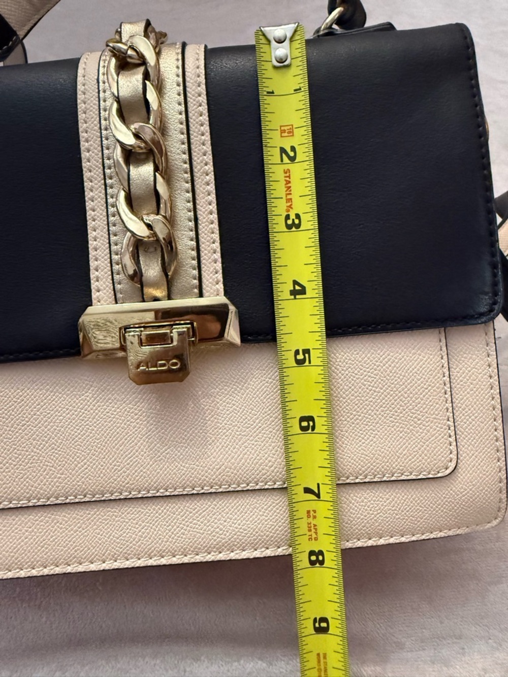 ALDO Black Beige Top Handle Satchel Crossbody Gold Chain Accent Structured Purse - Picture 10 of 11